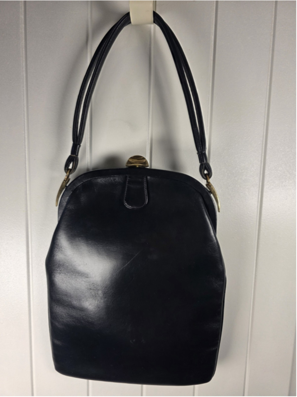 VTG 1950s 60s Black Smooth Leather Frame Handbag Red Lining Coin Purse MCM Glam